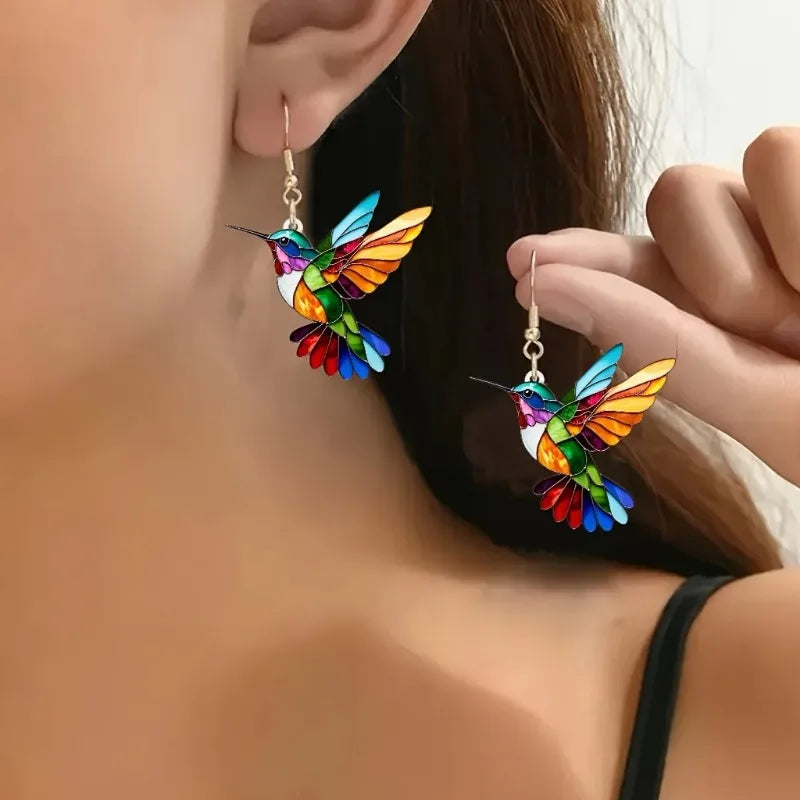 Pendientes Colgantes de Colibrí de Acrílico – Diseño de pájaro 2D brillante