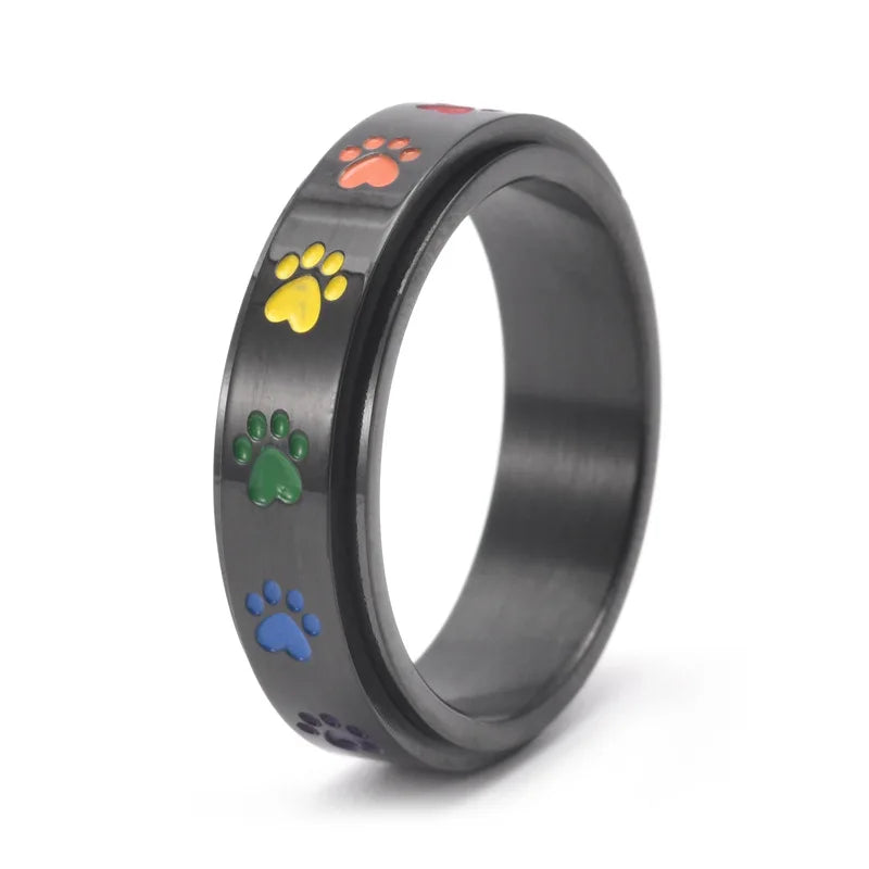 Anillo Giratorio Antiestrés Con Diseño De Pata – Acero Inoxidable Con Huellas De Patas Arcoíris
