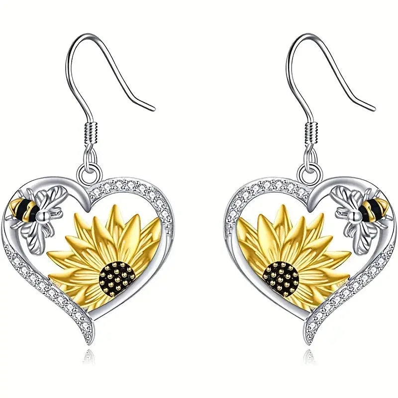 Pendientes Colgantes De Girasol Y Abeja Estilo Bohemio Vintage