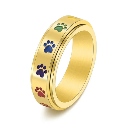 Anillo Giratorio Antiestrés Con Diseño De Pata – Acero Inoxidable Con Huellas De Patas Arcoíris