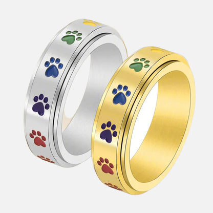 Anillo Giratorio Antiestrés Con Diseño De Pata – Acero Inoxidable Con Huellas De Patas Arcoíris