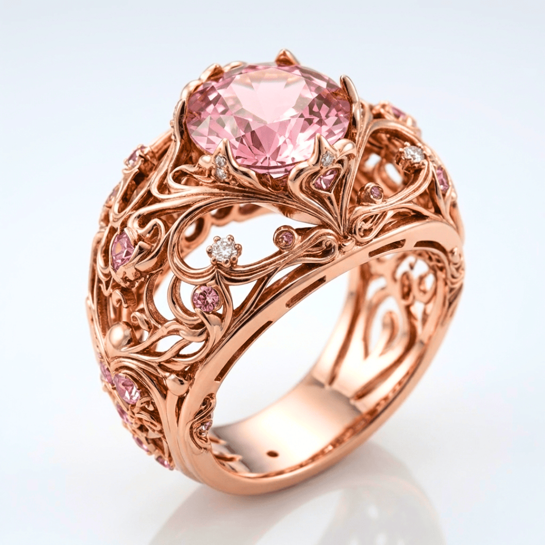 ANILLO ORNAMENTADO DE TURMALINA Y ORO ROSA