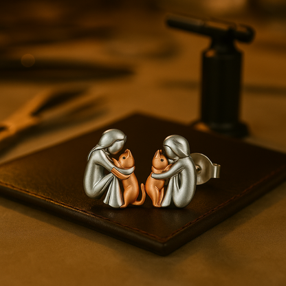 Pendientes De Plata Y Oro Bicolor Con Diseño De Abrazo De Gato.