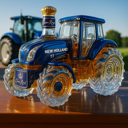Whisky clásico de la casa con forma de tractor New Holland T7.