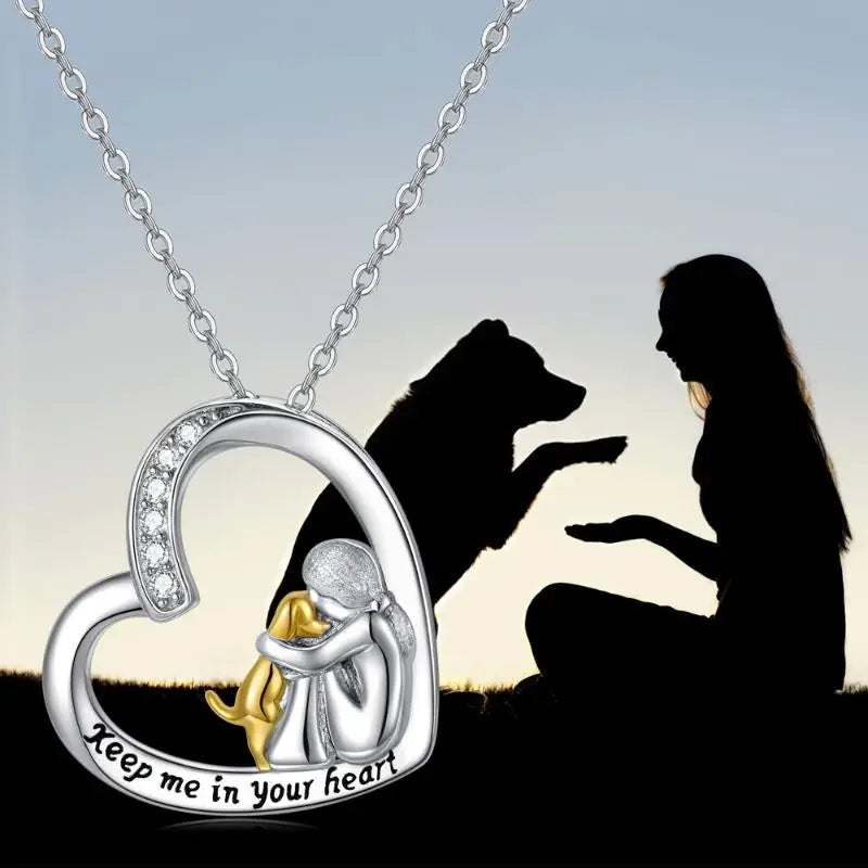 Collar De Plata De Ley 925 – Diseño De Corazón Y Perro Con Circonita