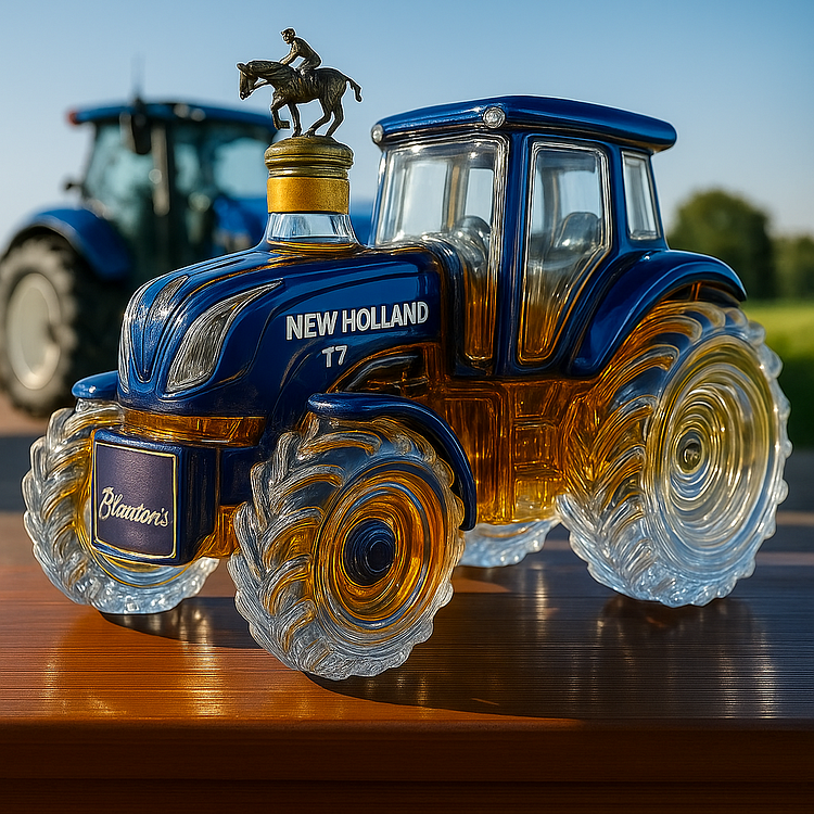 Whisky clásico de la casa con forma de tractor New Holland T7.