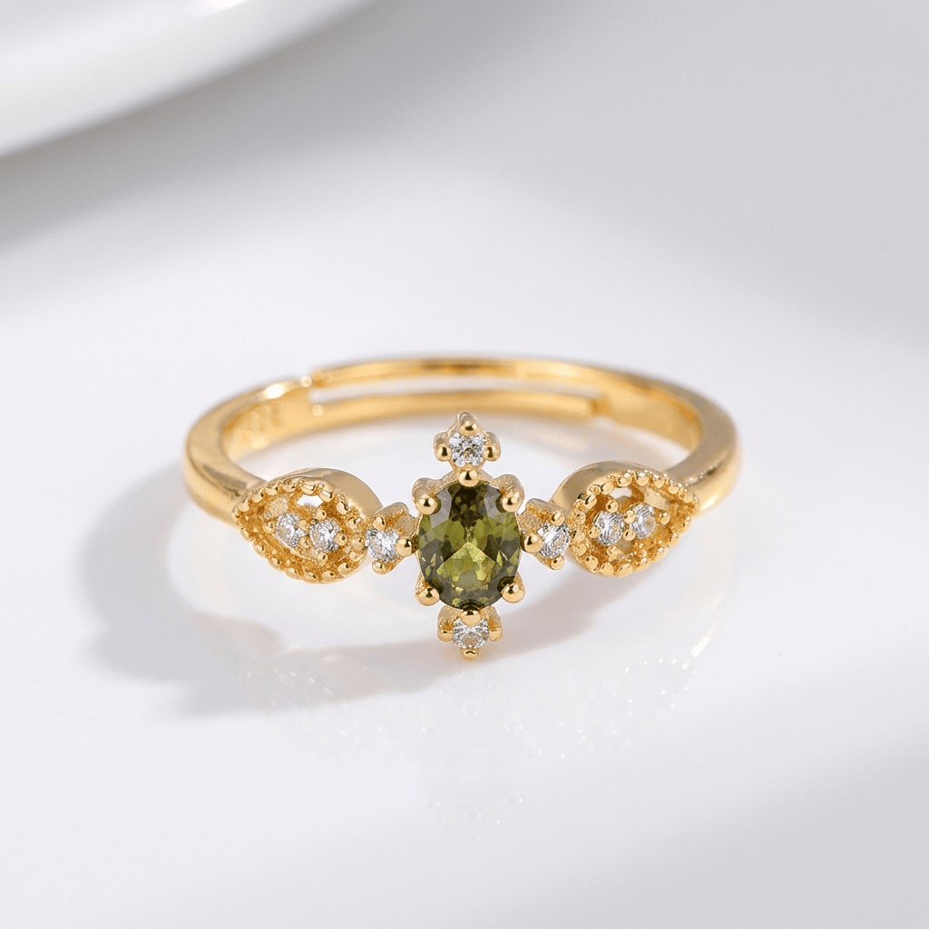 ANILLO DE ORO DELICADO CON CRISTAL VERDE OLIVA - (AJUSTABLE)
