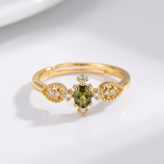 ANILLO DE ORO DELICADO CON CRISTAL VERDE OLIVA - (AJUSTABLE)