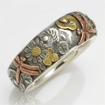 ANILLO DE PLATA VINTAGE HECHO A MANO CON DISEÑO DE LIBÉLULA Y GIRASOL