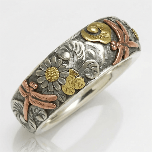 ANILLO DE PLATA VINTAGE HECHO A MANO CON DISEÑO DE LIBÉLULA Y GIRASOL