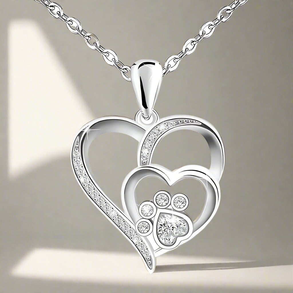 Collar De Plata De Ley Con Huella De Pata Y Corazón Con Circonita