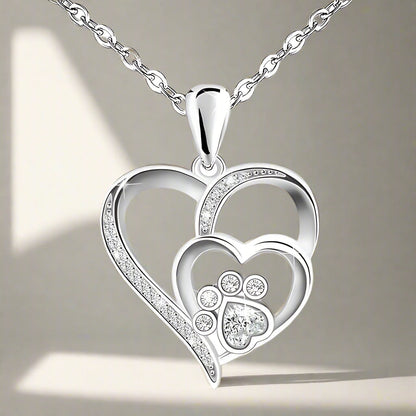 Collar De Plata De Ley Con Huella De Pata Y Corazón Con Circonita