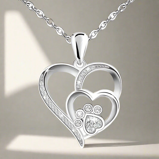 Collar De Plata De Ley Con Huella De Pata Y Corazón Con Circonita