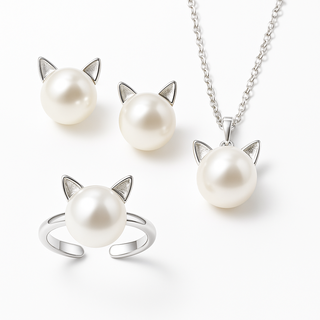 SET Precioso Collar De Perlas Con Forma De Gato, Con Pendientes Y Anillo De Regalo.