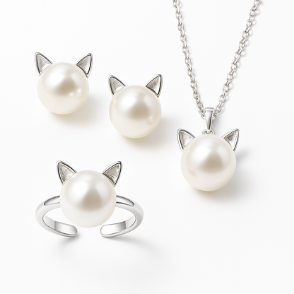 SET Precioso Collar De Perlas Con Forma De Gato, Con Pendientes Y Anillo De Regalo.