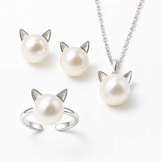 SET Precioso Collar De Perlas Con Forma De Gato, Con Pendientes Y Anillo De Regalo.