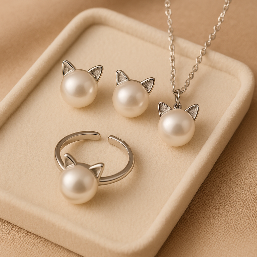 SET Precioso Collar De Perlas Con Forma De Gato, Con Pendientes Y Anillo De Regalo.