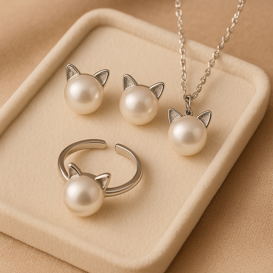 SET Precioso Collar De Perlas Con Forma De Gato, Con Pendientes Y Anillo De Regalo.