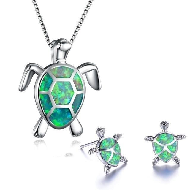SET de Collar y Pendientes de Tortuga Marina en Ópalo y Plata.