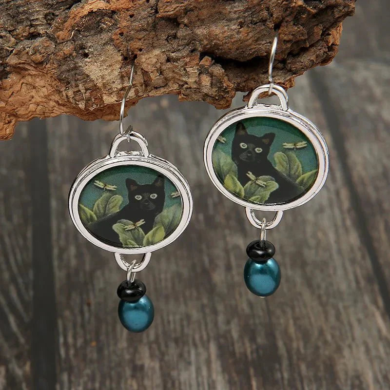 Pendientes Colgantes Vintage De Gato Negro Tropical