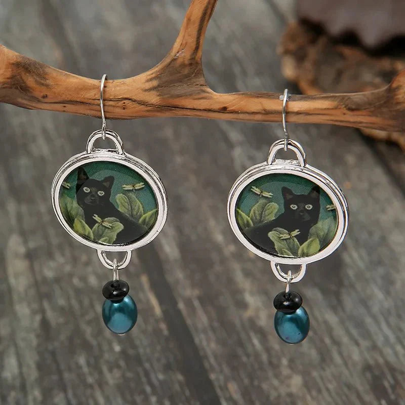 Pendientes Colgantes Vintage De Gato Negro Tropical