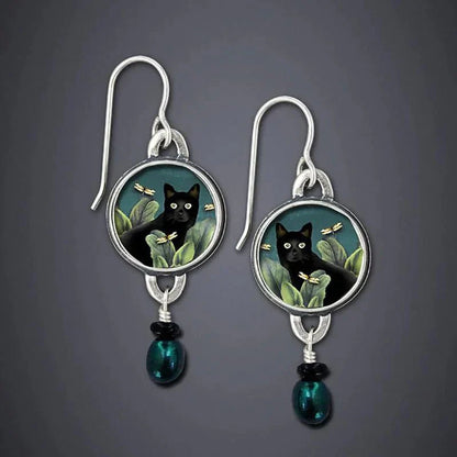Pendientes Colgantes Vintage De Gato Negro Tropical