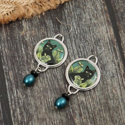 Pendientes Colgantes Vintage De Gato Negro Tropical