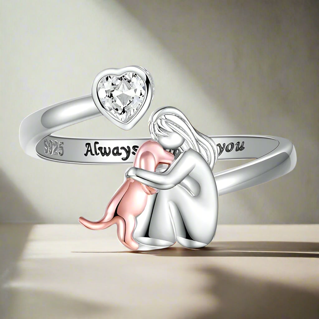 Anillo Ajustable Abrazo de Perro en Plata de Ley 925 – “Siempre en mi corazón” con circonita