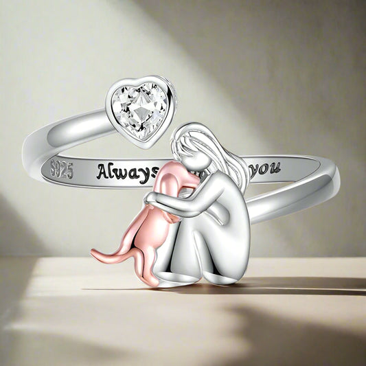 Anillo Ajustable Abrazo de Perro en Plata de Ley 925 – “Siempre en mi corazón” con circonita